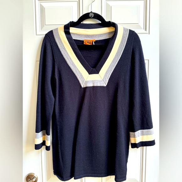 Tory Burch Navy Sweater with Gray & White Trim